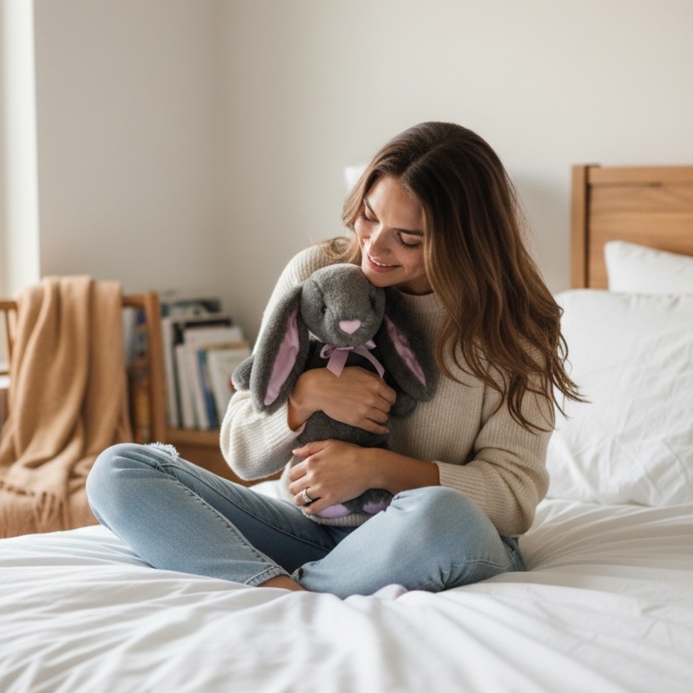 Soft Gray Bunny Plush Toy Pink Satin Ears & Bow